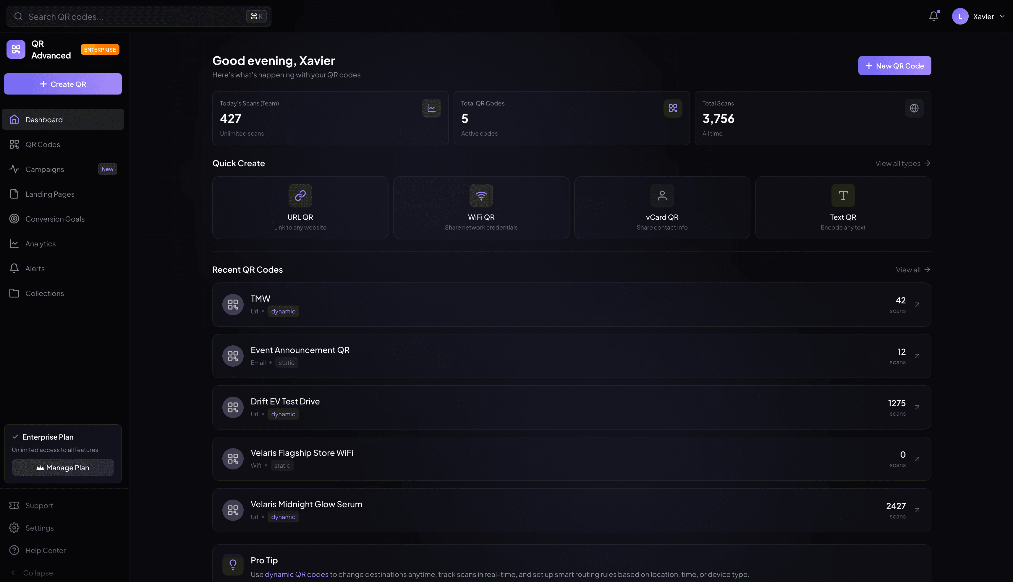 QR Advanced dashboard - manage your QR codes, campaigns, and analytics