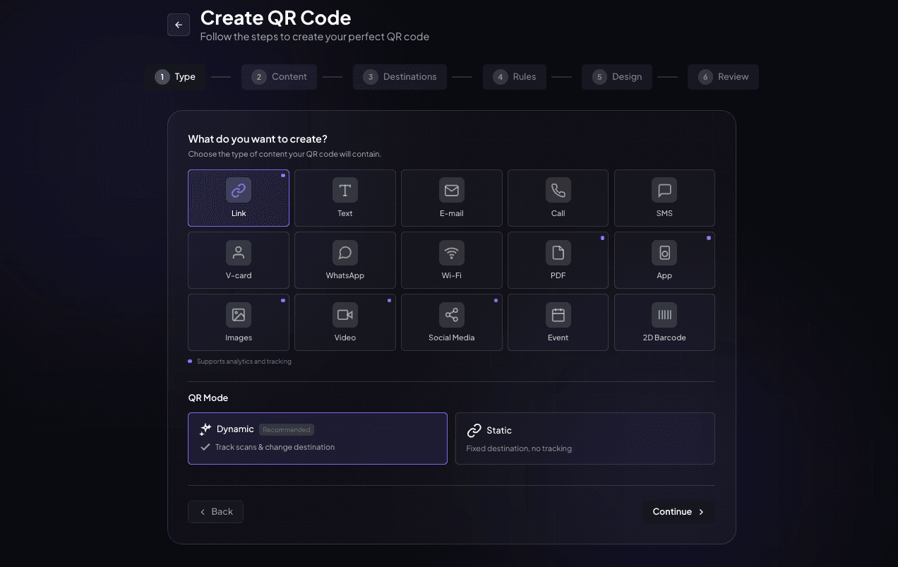 QR code creation wizard with live preview